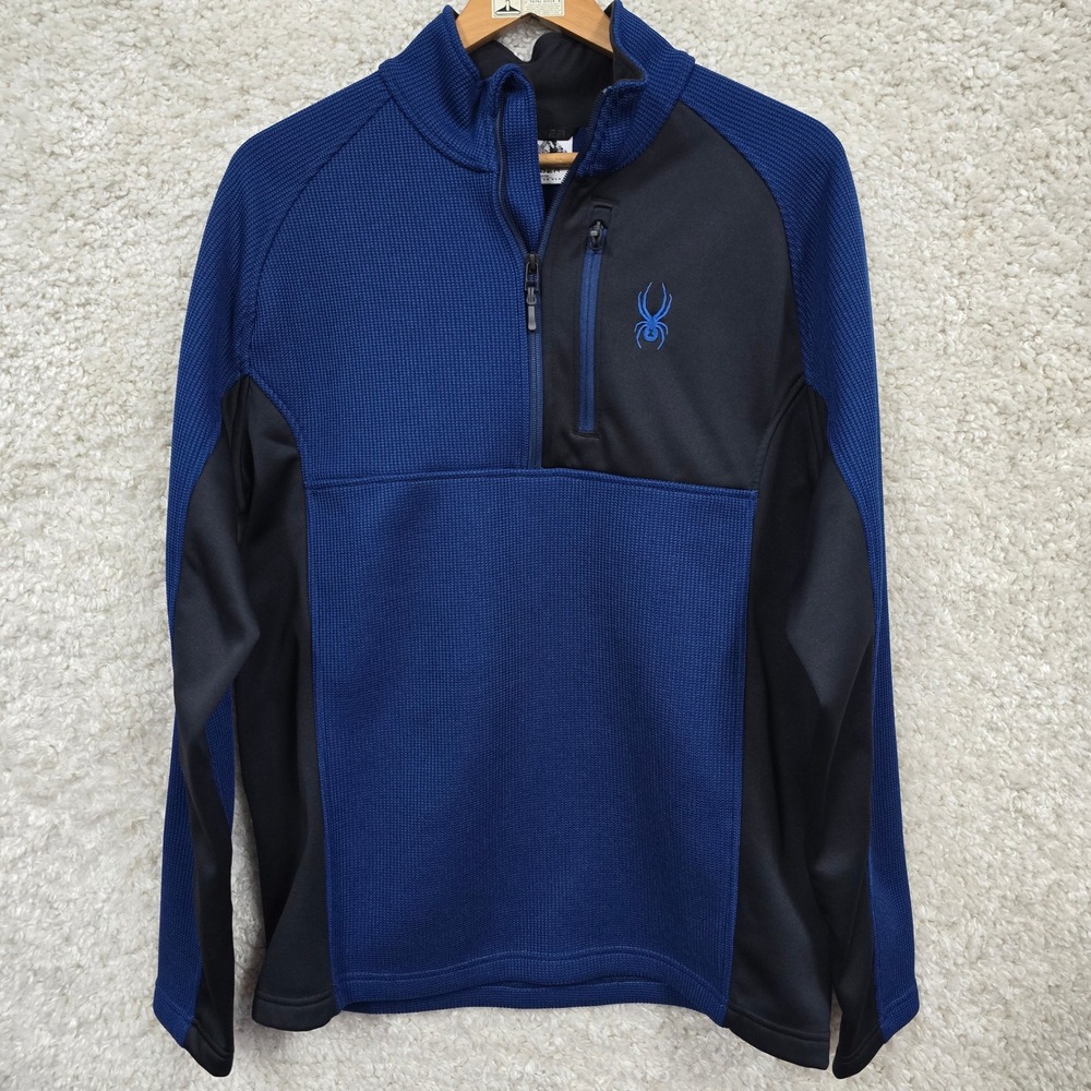 Spyder 1/4 Zip Pullover Mens Large Blue Black Grid Fleece‎ Performance Sweater